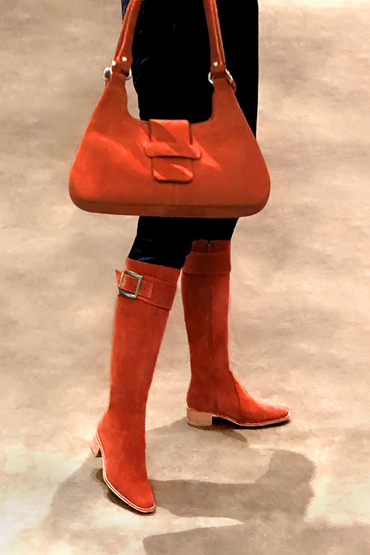 Custom-made women's clementine orange elegant riding knee-high boots. Round toe. Thick leather soles - Worn view